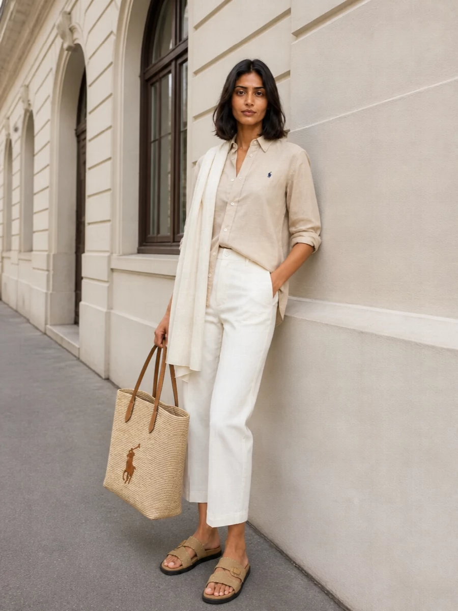 Ralph lauren beige shirt ivory wide leg trousers