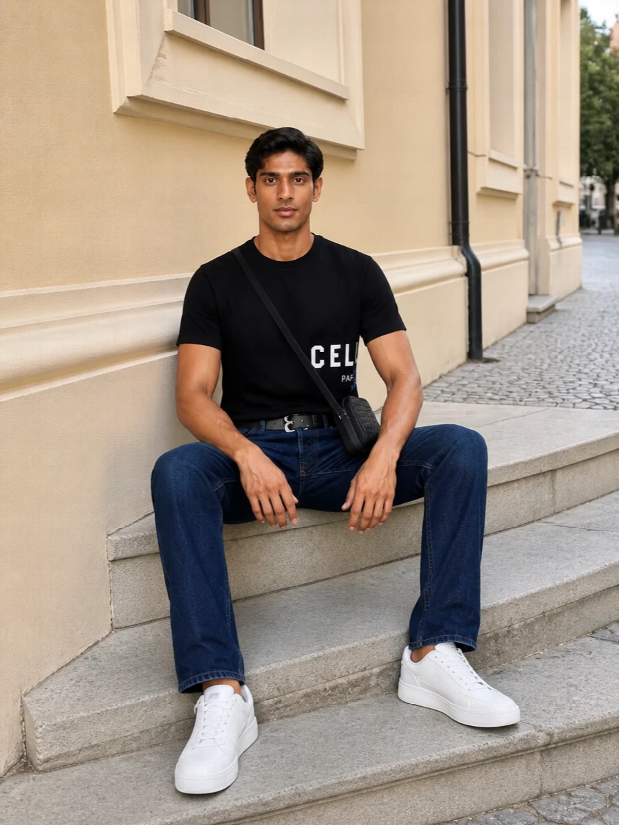 Celine jeans black tee white sneakers
