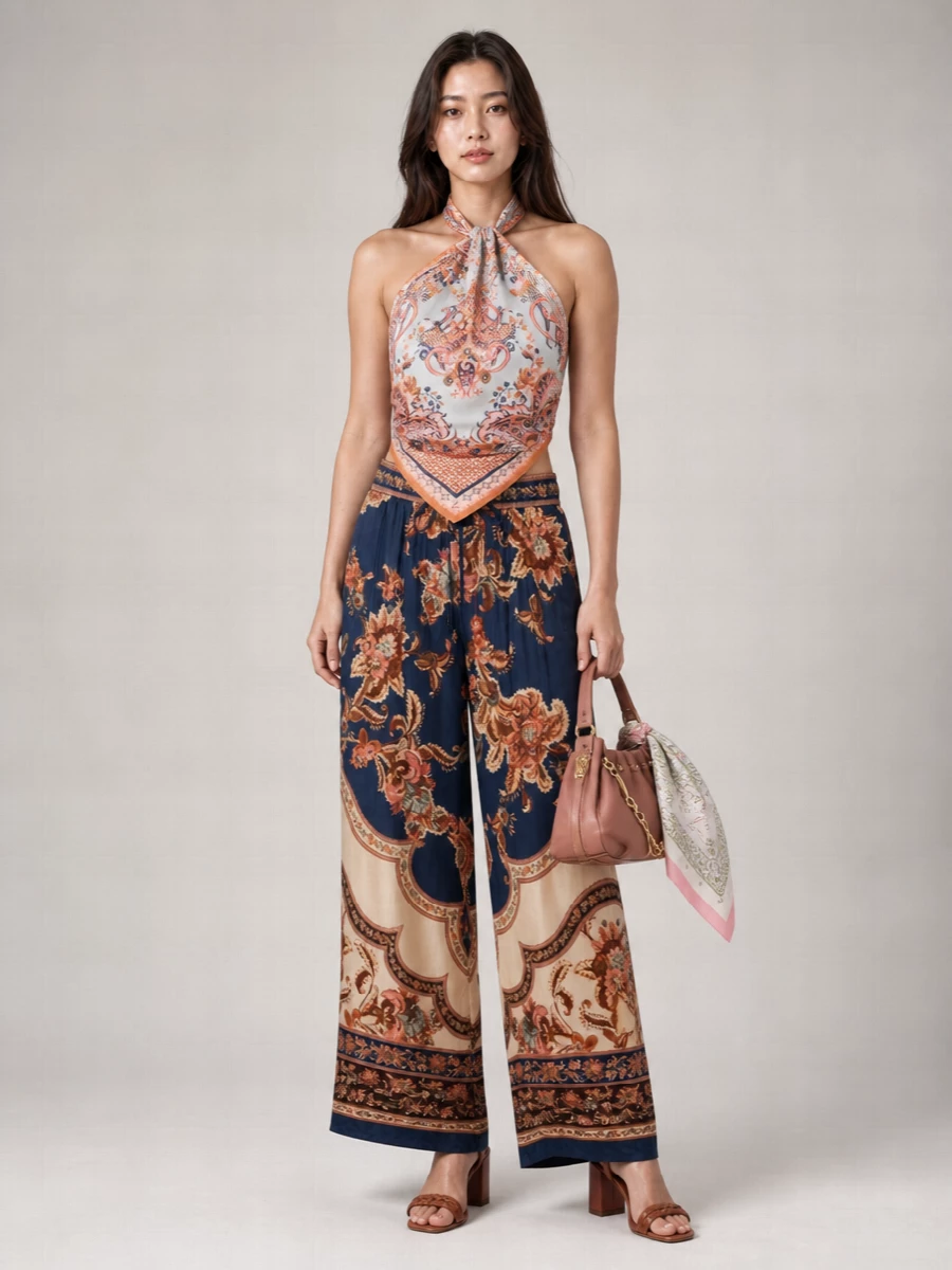 A scarf-tied paisley halterneck pairs with fluid navy floral trousers for a romantic, bohemian take on cocktail dressing that feels relaxed yet intentional. Terracotta block-heel sandals and a rose-tan gathered mini bag echo the warm tones in the print, keeping the palette soft and cohesive. A blush and pistachio silk scarf adds one last whisper of colour, best worn at the bag or in the hair rather than near the neckline to keep the silhouette clean.