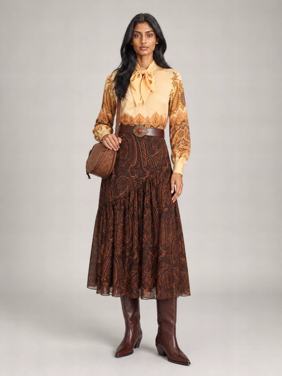 Etro Silk Paisley Print Asymmetric Ruffled Maxi Skirt
