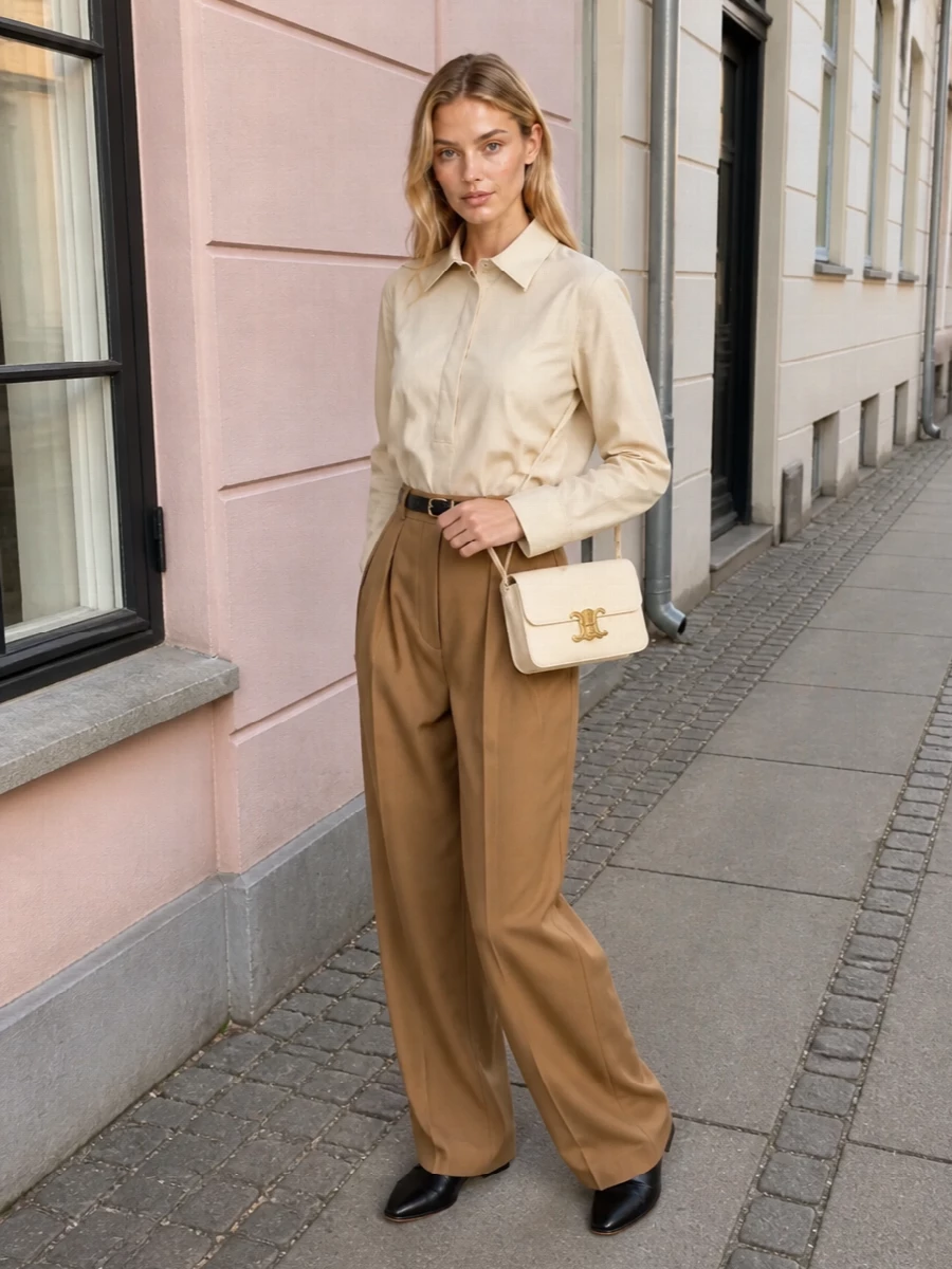 The row beige shirt camel trousers outfit