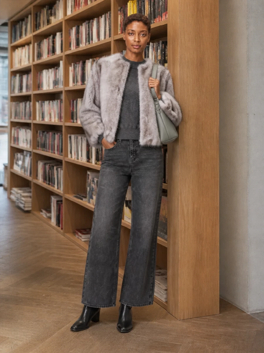 I’m keeping this anchored in denim rather than a dress so the faux-fur jacket can feel like an everyday city piece, not just occasion outerwear. Charcoal layers and wide-leg jeans create a long, clean column under the cropped fur, while the sleek Mm6 boots and structured grey bag stop all that texture from tipping into cozy-only. The result is a minimalist winter uniform that feels plush, modern and deliberately quiet rather than overtly done-up.