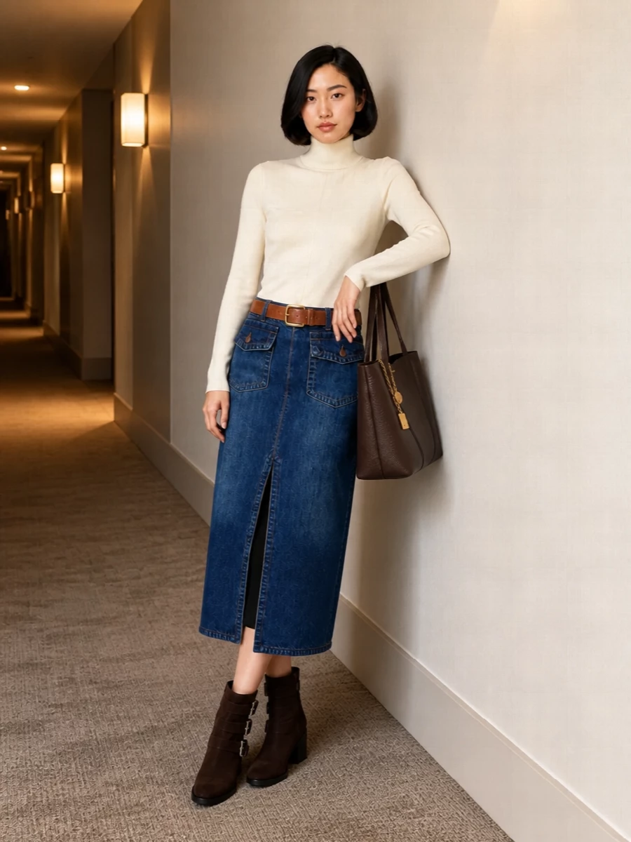 A mid-rise denim midi meets a close-cut ivory turtleneck for a long, unfussy line that feels calm and quietly precise. Chocolate ankle boots and an espresso tote deepen the neutrals, while a tan belt draws the eye to the waist and subtly echoes the skirt’s workwear stitching. It is an easy city uniform that reads thoughtful without ever feeling dressed up.