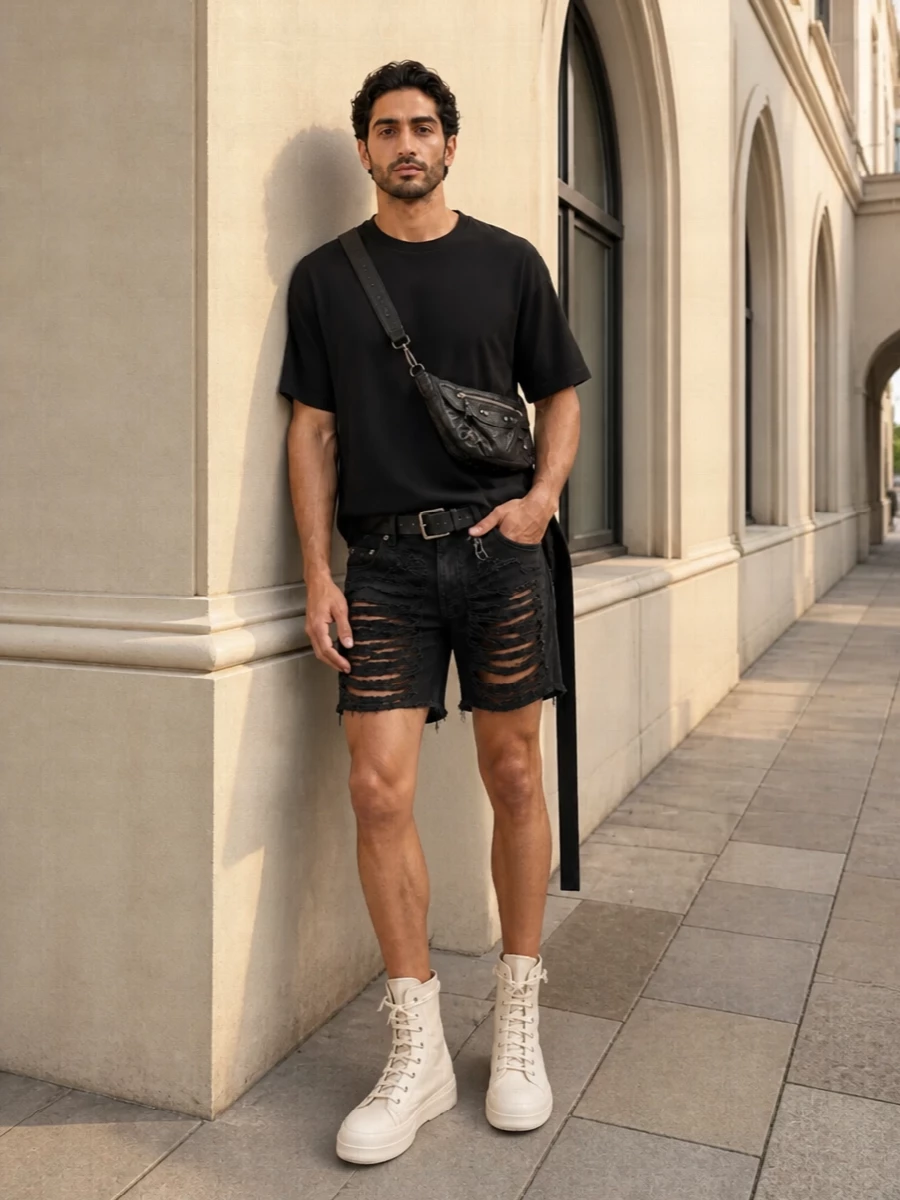 Hyper-destroyed DRKSHDW shorts sit under a longline asymmetric black tee, keeping the energy dark, elongated and very architectural. Cream Rick high-tops and a compact biker-style shoulder bag introduce just enough contrast and hardware to read deliberate rather than chaotic. An industrial belt finishes the waist cleanly, so the whole outfit feels like a controlled, brutalist summer uniform.