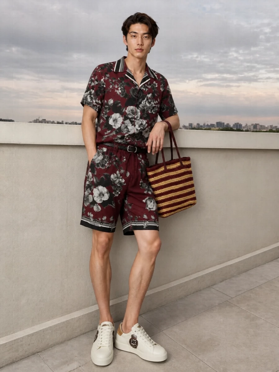 A coordinated floral camp shirt and matching drawstring shorts create a rich wine-toned set that feels cinematic yet easy for warm evenings in the city or by the coast. Off-white crest sneakers keep the energy polished rather than sporty, while the burgundy raffia tote and braided belt add texture and structure without distracting from the print. The result is Dolce & Gabbana romance dialed up, but still completely wearable for modern summer dressing.