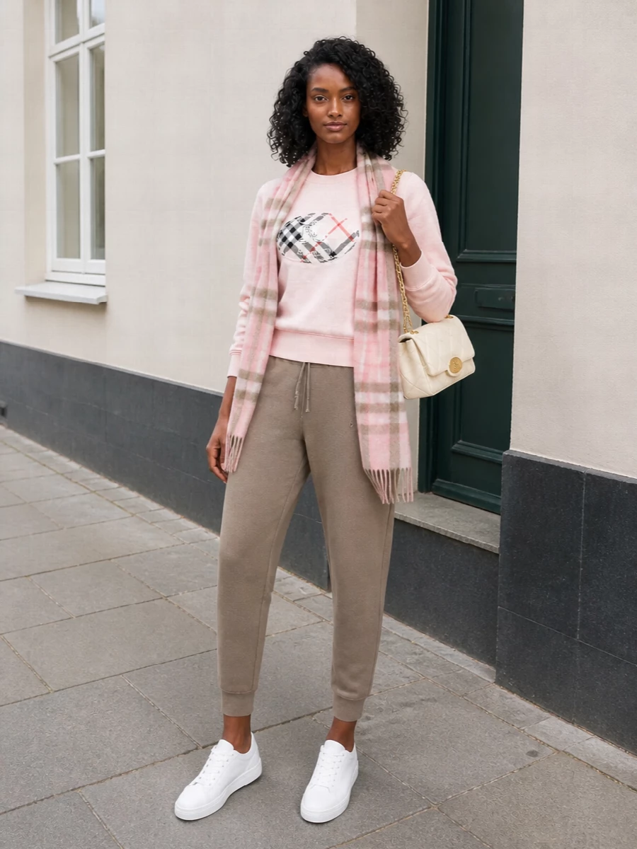 Burberry pink sweatshirt taupe track pants outfit