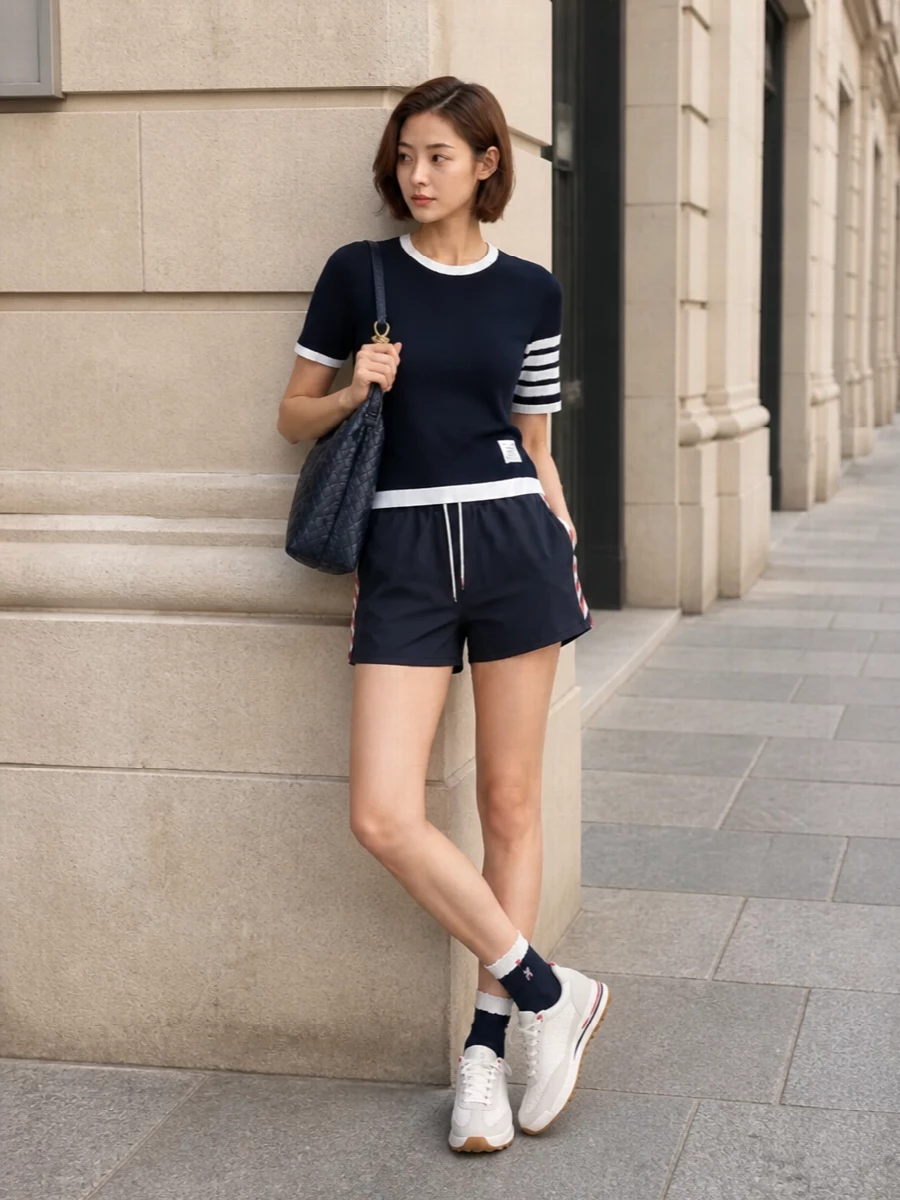 Thom browne navy preppy shorts crew outfit