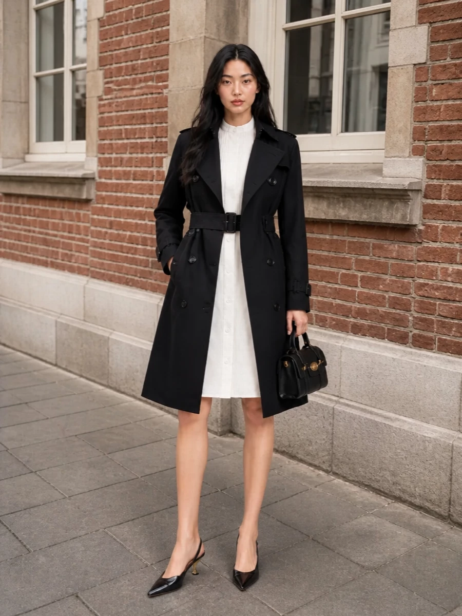 I am anchoring this with the dress path, because a single, sculpted shirt dress under the trench keeps the tailoring clean and directional, whereas another blazer plus trouser would feel heavy and redundant under such an iconic coat. The Mc Queen dress brings architectural pleating and a light ivory column that contrasts beautifully with the black Burberry shell, while the Thom Browne slingback and Mulberry mini top-handle echo the coat’s sharpness without shouting. The result is quietly severe in the best way: a modern city uniform for formal dinners, late arrivals and boardroom-adjacent evenings where you want precision and ease at once.