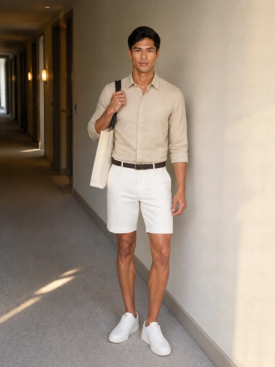 Woolrich sand shirt ivory shorts white sneakers