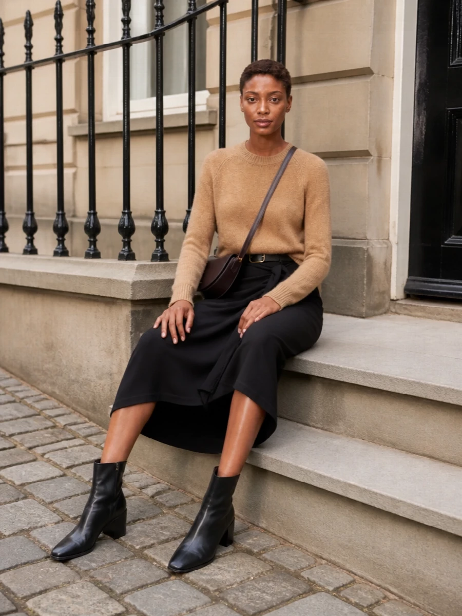 Dries van noten black wrap midi skirt camel knit