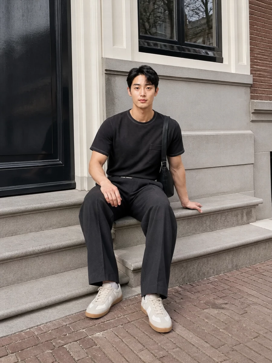 A deep charcoal tee sits over high-rise wide-leg trousers, creating a clean, elongated column that feels calm rather than casual. Pale grey gum-sole sneakers and a compact black shoulder bag introduce just enough lightness and texture while keeping everything low-key and precise.