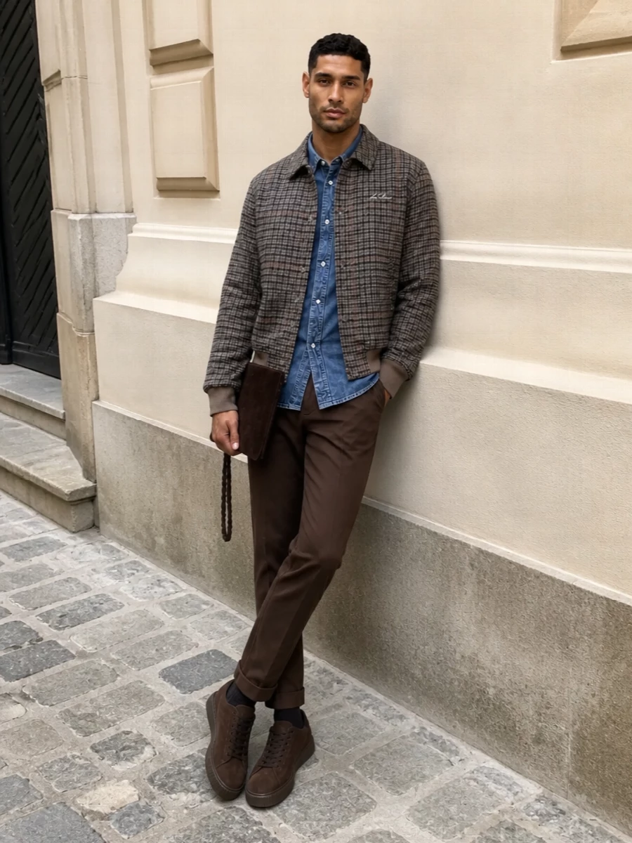 Les deux bomber dondup brown trousers outfit