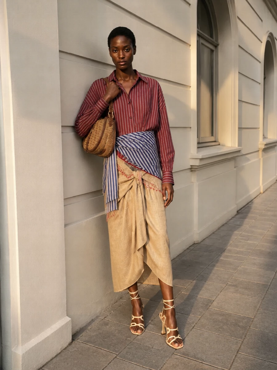 An asymmetric striped shirt is grounded by a fluid sand wrap skirt, keeping the silhouette long and softly sculpted. Buttercream ankle-wrap heels and a woven tan shoulder bag add warm, architectural lines that underline the bohemian tailoring without overwhelming the print. The result feels considered yet relaxed, ideal for warm city evenings and art-adjacent dinners.