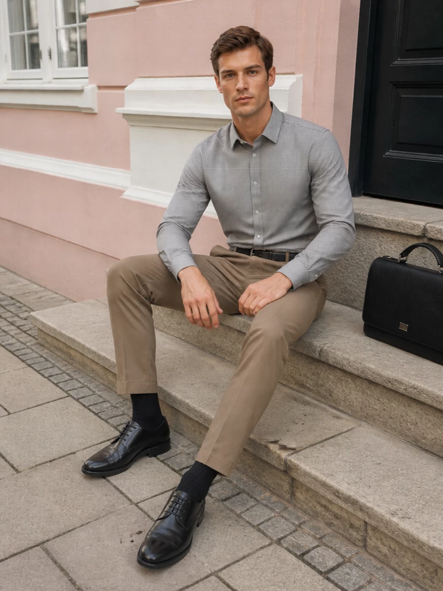 Camel pinstripe trousers meet a finely striped Dolce&Gabbana shirt for a composed, modern take on weekday tailoring. Black Derbies, a structured top-handle bag and a precise leather belt keep the palette grounded and business-ready while letting the subtle pattern play stay in focus. The result is sharp enough for the office yet relaxed enough for a discreet dinner reservation after hours.