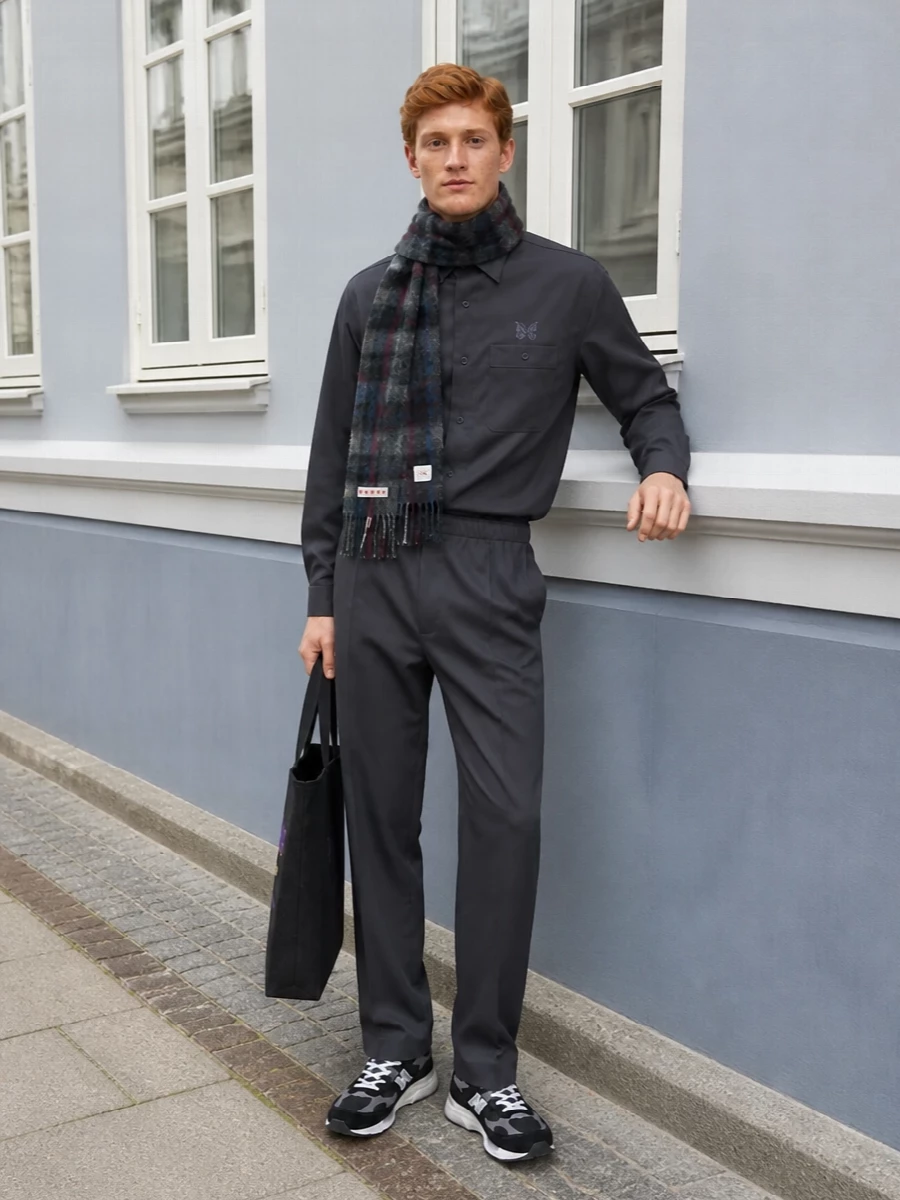 Needles charcoal shirt outfit new balance sneakers