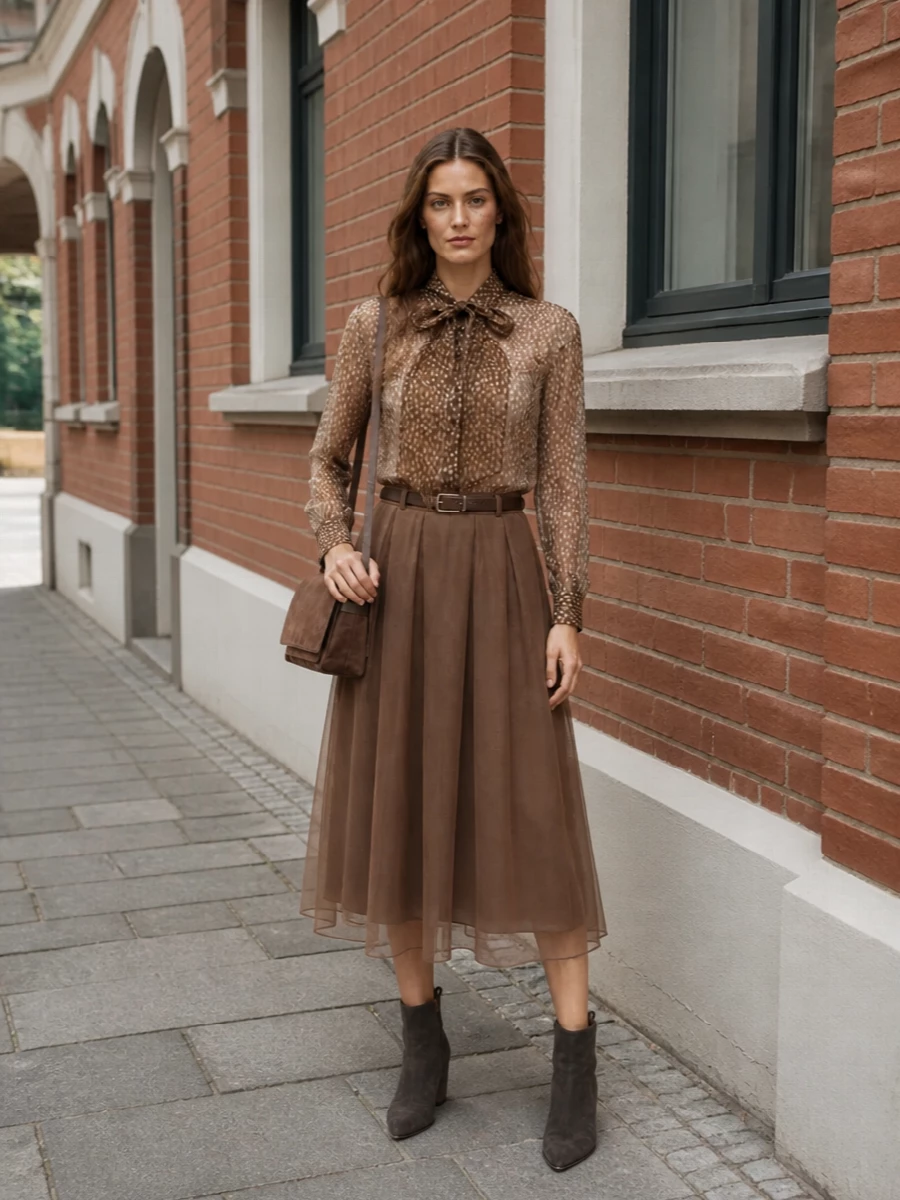 Brunello cucinelli bow blouse mocha midi skirt