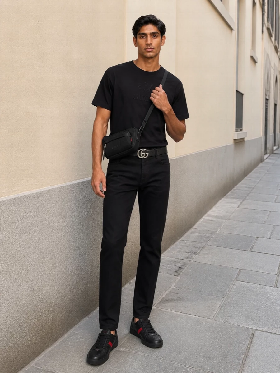 Gucci black t shirt trouser outfit sneakers