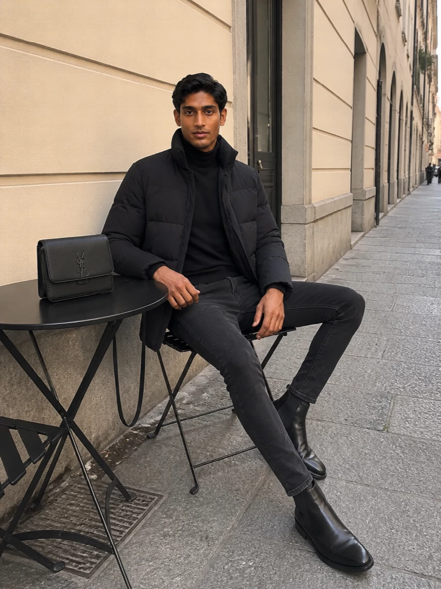 Saint laurent black puffer turtleneck chelsea boots