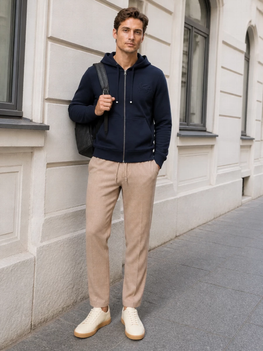 Etro navy hoodie beige trousers zegna sneakers