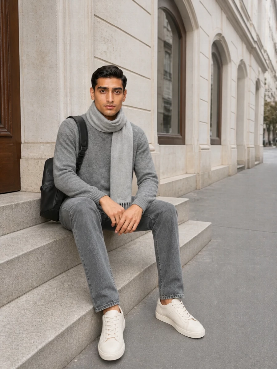 Grey cucinelli jeans cream ami sneakers outfit