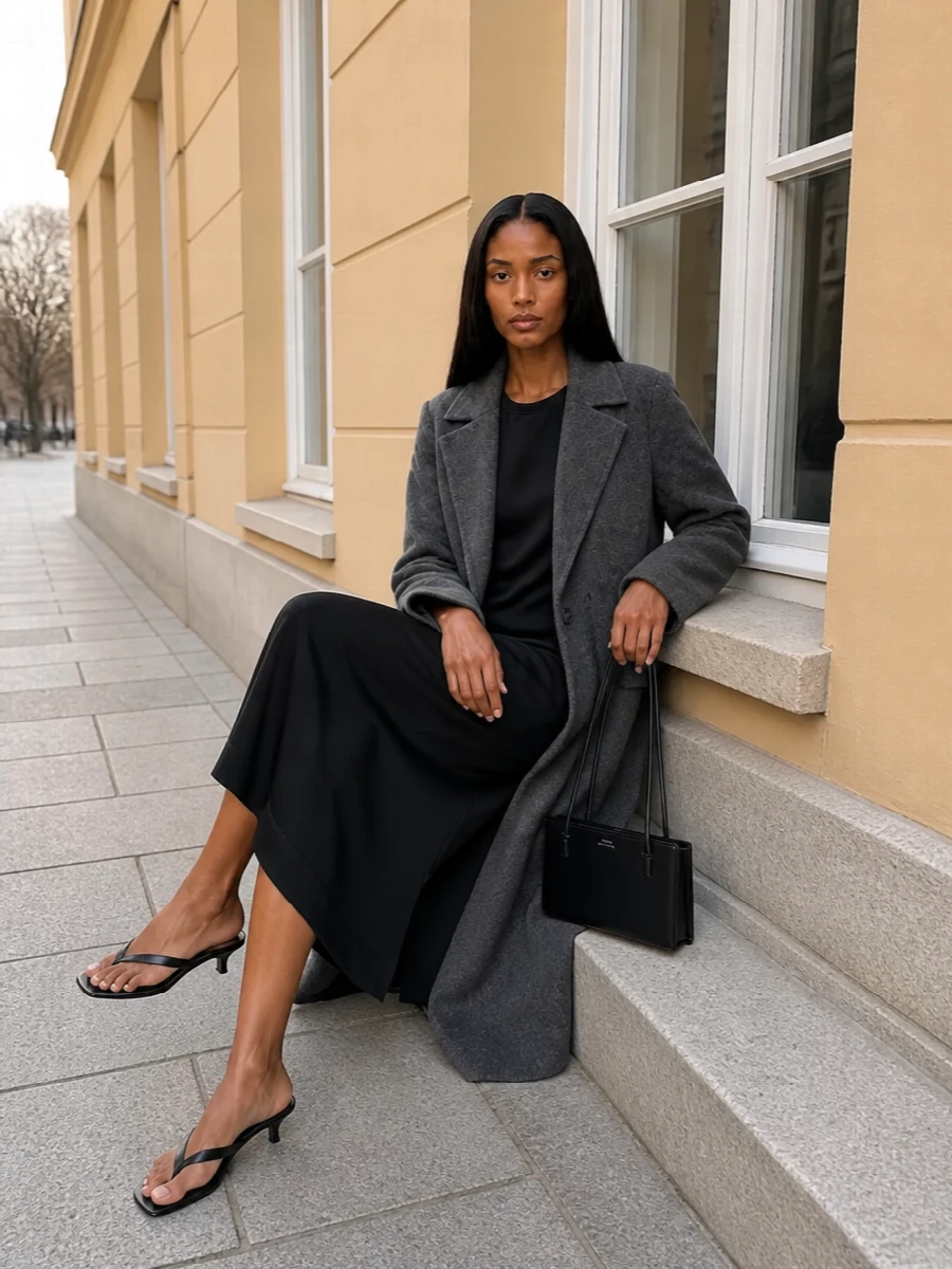 Toteme grey coat black satin column dress outfit