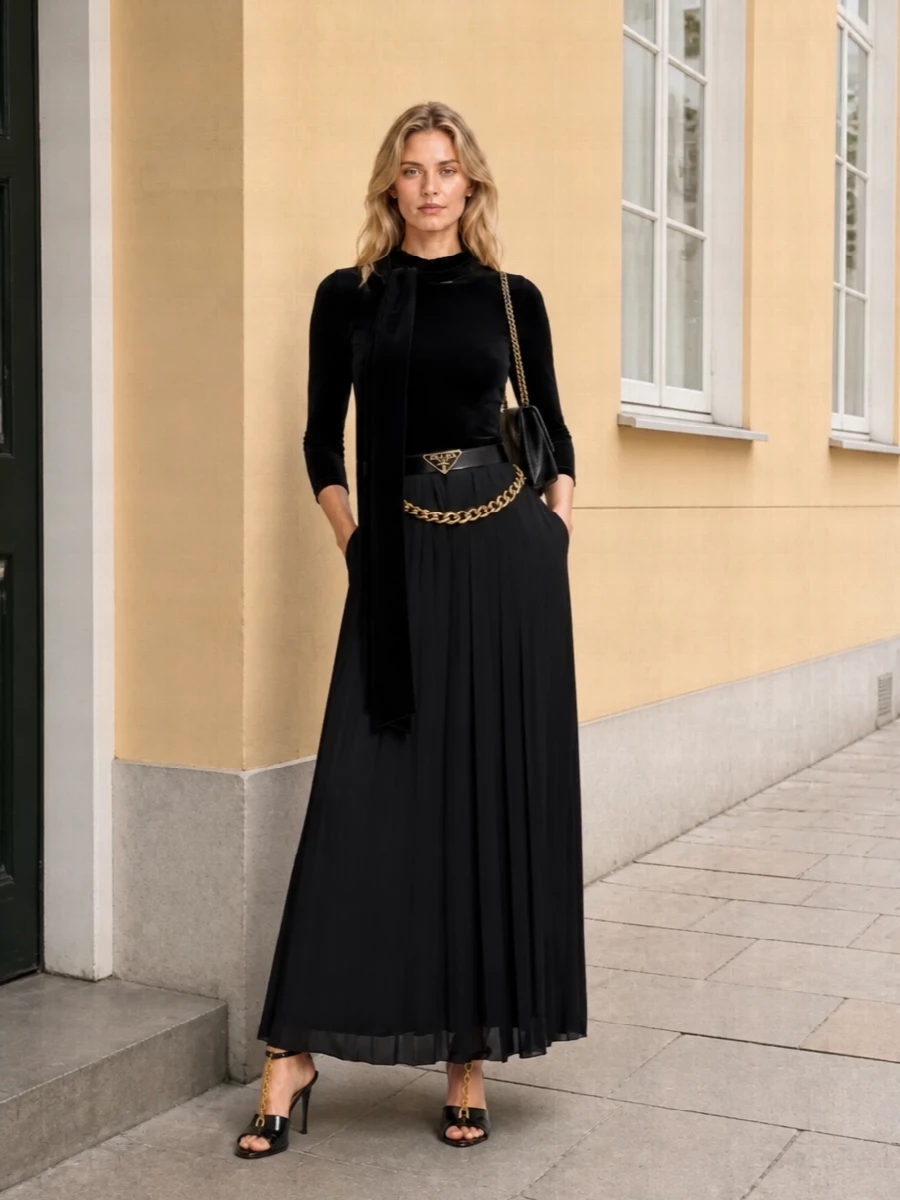 Balenciaga black pleated maxi skirt evening outfit