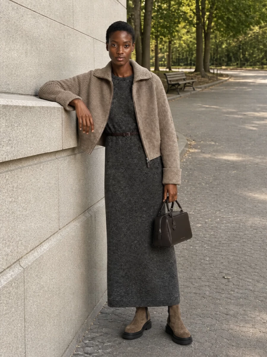 Brunello cucinelli bomber charcoal knit maxi dress