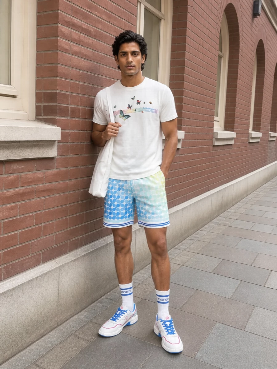 Soft white, pastels and tennis blues keep this all-Casablanca moment light, playful and coherent without feeling loud. The butterfly tee and sun-faded deck short share the same dreamy resort energy, while the clean court sneakers and sculptural white bag finish it with just enough polish for city afternoons or seaside terraces. It is romantic streetwear with a preppy undercurrent, relaxed in fit but precise in colour story.