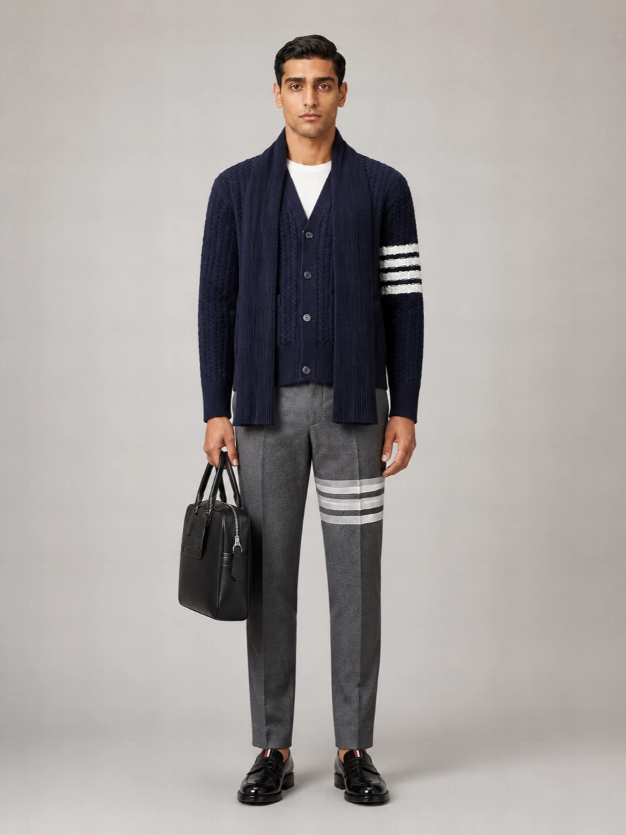 Thom Browne Cable-Knit Wool V-Neck Cardigan