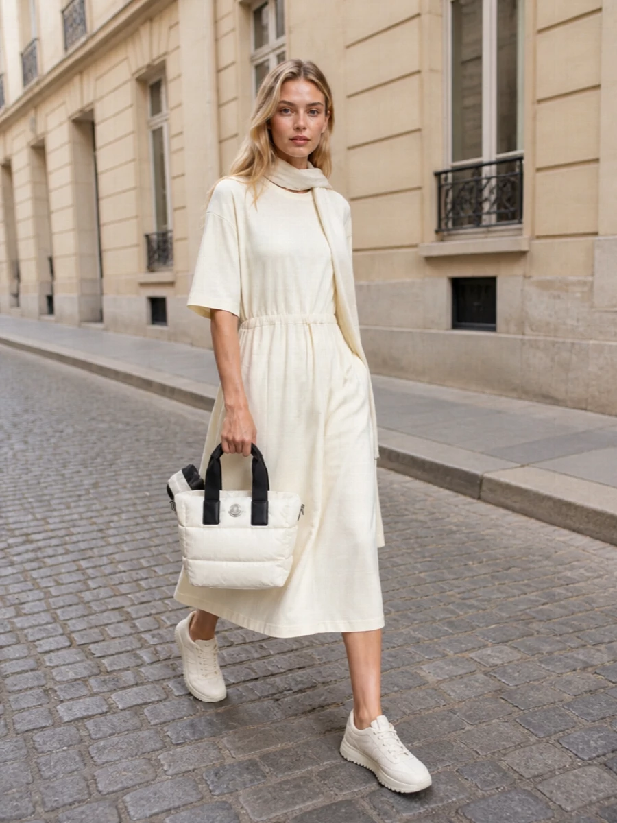 Moncler ivory t shirt dress quiet luxury outfit
