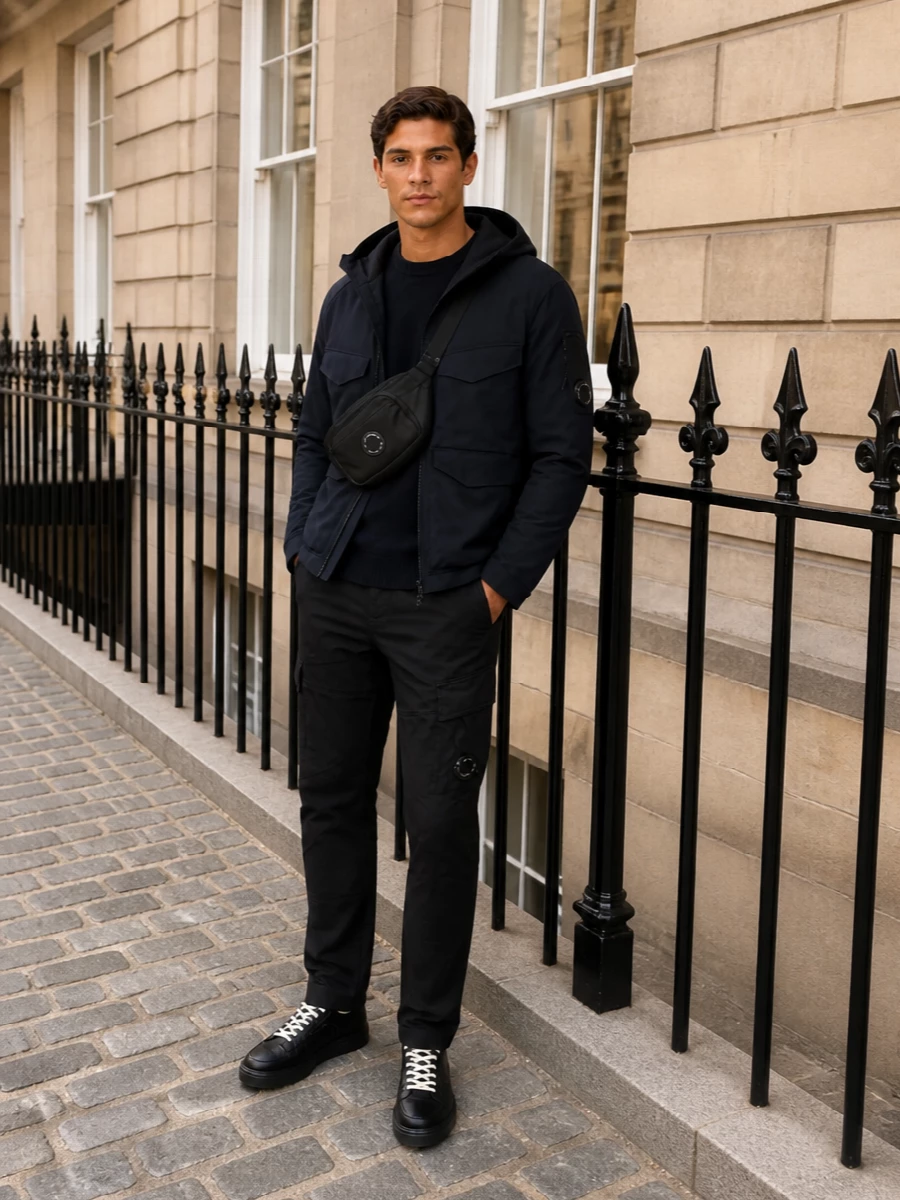 Cp company navy jacket black cargo outfit