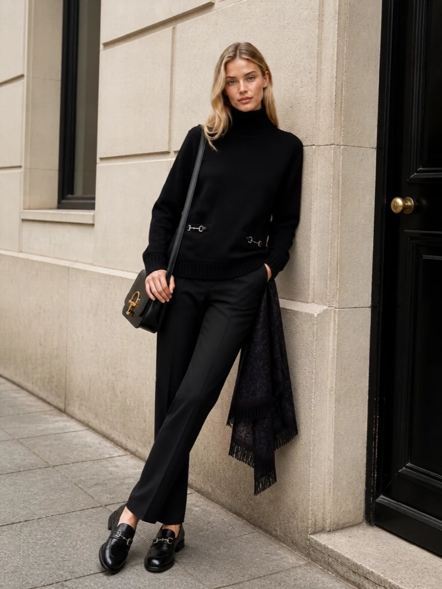 Gucci black turtleneck trousers outfit