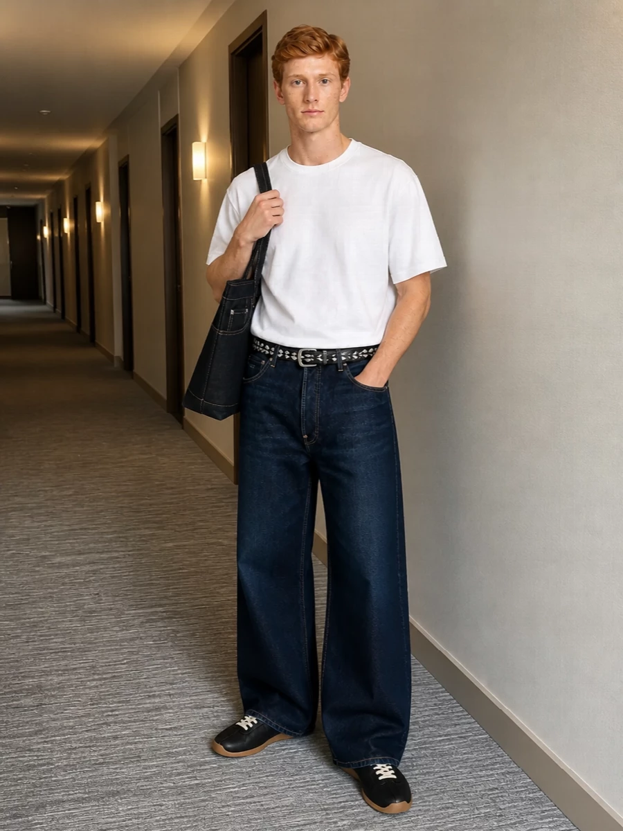 Kenzo wide leg jeans white tee retro sneakers