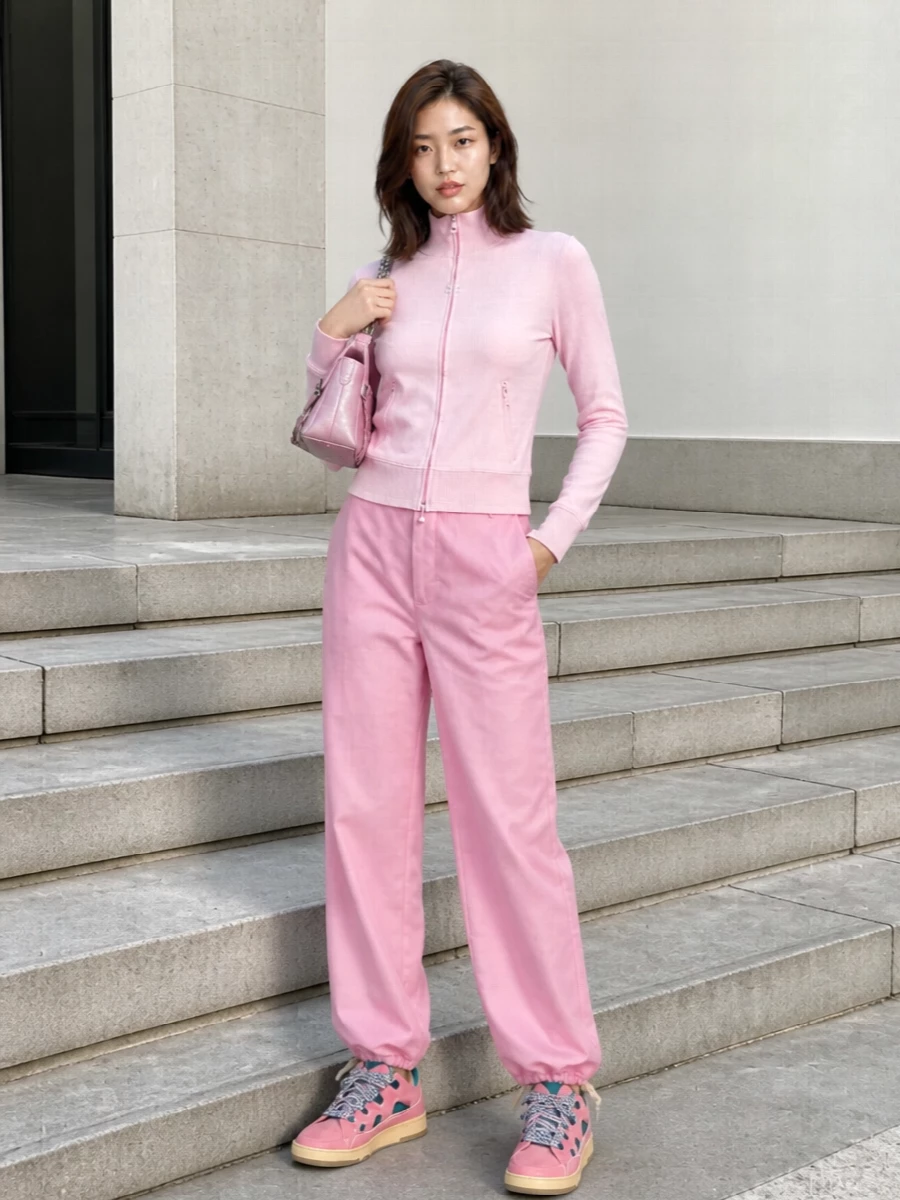 This is a high-fashion, Y2K-leaning street set built around saturated pink and a clean sport silhouette. The fitted Courrèges zip-up and relaxed Marni drawstring trousers create that early-2000s proportion, letting the Lanvin sneakers read as a deliberate color story rather than a standalone statement. The metallic Givenchy shoulder bag adds a hit of glam hardware that keeps the palette cohesive and the mood distinctly city-ready rather than casual lounge.