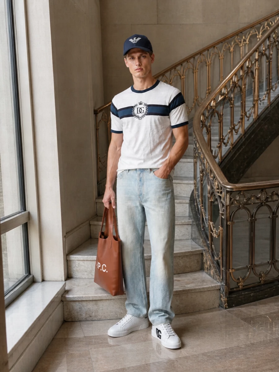 A navy crest tee and sun-faded straight denim bring a clean, collegiate spin to casual days, perfectly in tune with the structured Emporio Armani cap. Crisp white DG sneakers keep the palette sharp and sporty, while the tan A.P.C. tote adds a touch of easy Parisian polish for city errands or relaxed weekends. The result is relaxed but intentional, with just enough logo detail to read quietly designer.