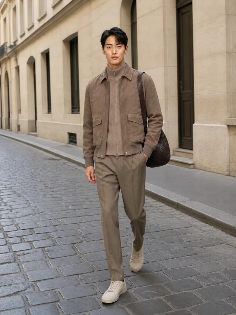 Bottega veneta taupe bomber pleated trouser outfit