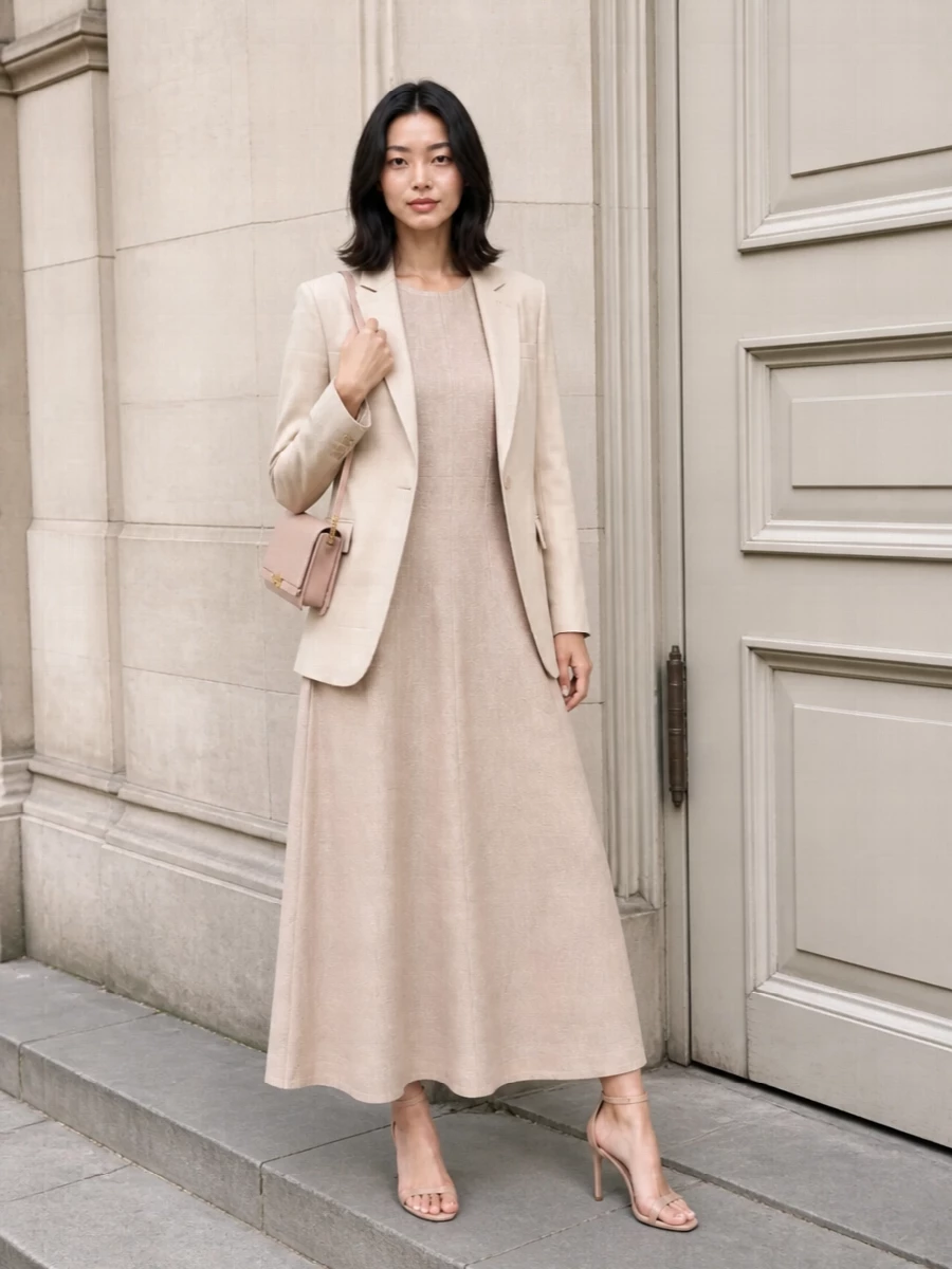 Champagne tones and soft blush accents keep this Brunello Cucinelli dress firmly in the realm of quiet romance, perfect for weddings or intimate coastal dinners. Barely there suede sandals and a slim blush shoulder bag lengthen the line without competing with the dress’s clean A‑line, letting the fabric’s subtle texture do the talking.