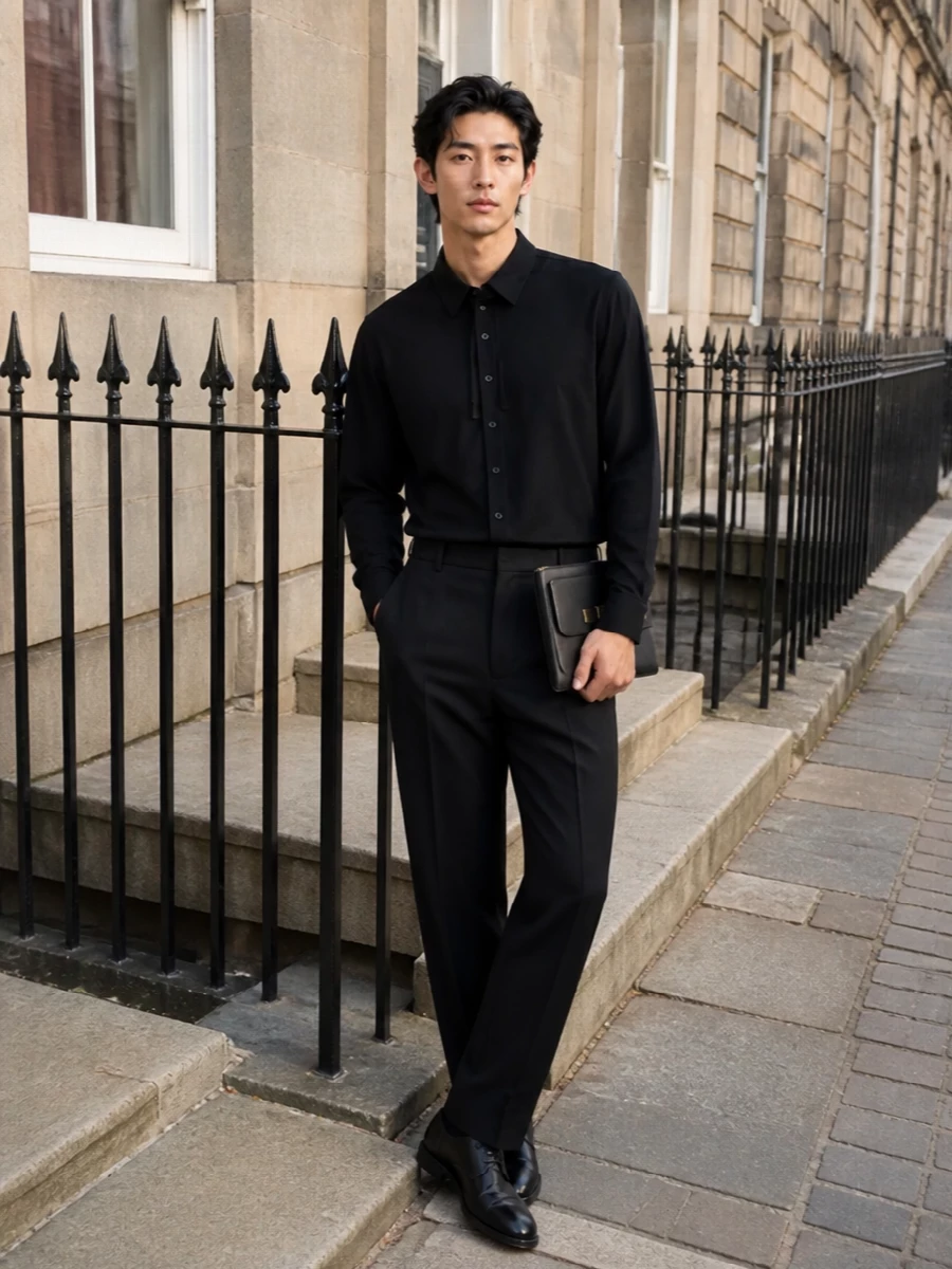 A pure black column built around precise tailoring, this outfit is all about clean lines and quiet intent. The Lemaire shirt and Mc Queen trouser sit in the same refined register as the polished Oxfords, creating a business-evening uniform that feels disciplined rather than severe. The slim Versace pouch is the only note of metal, reading as an intentional accessory instead of ornament.