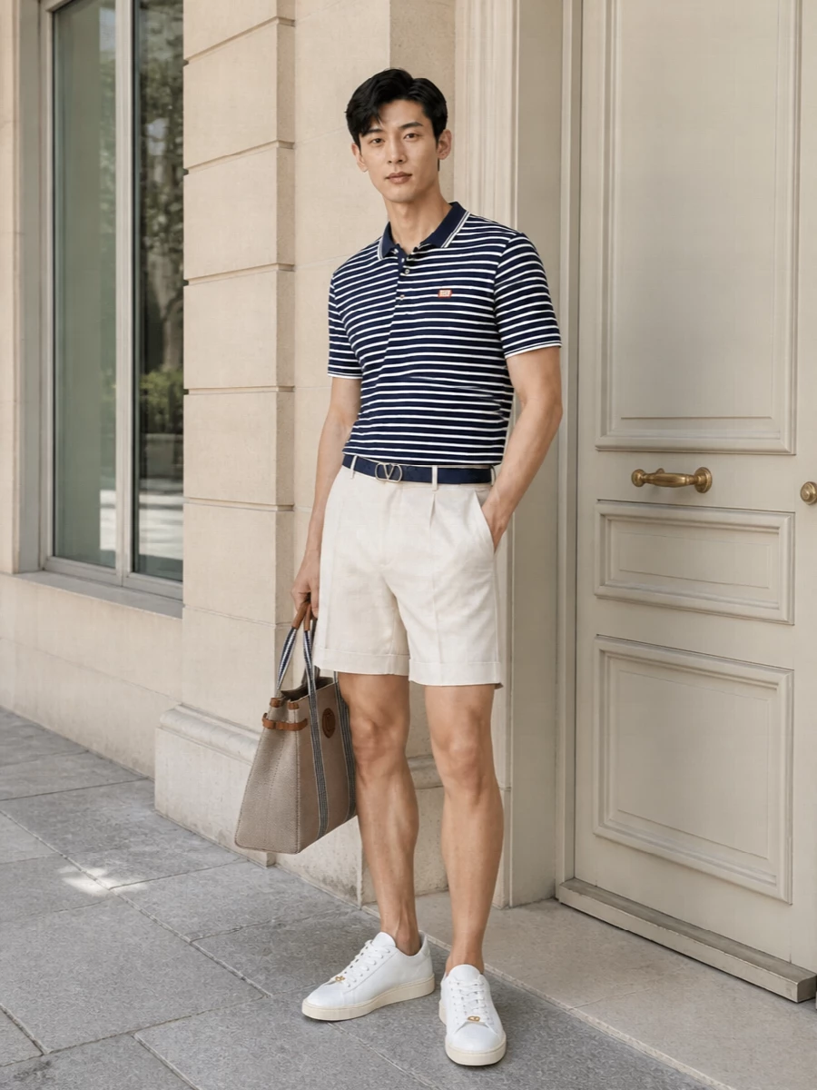 Navy and cream stay in quiet conversation here, with the striped polo grounded by crisp tailored shorts for a modern take on Riviera prep. Off-white leather sneakers keep the line clean and sporty, while a structured canvas tote and slim navy belt introduce just enough detail to read considered without feeling fussy. It is an easy, warm-weather uniform for coastal lunches, gallery afternoons and polished city days alike.