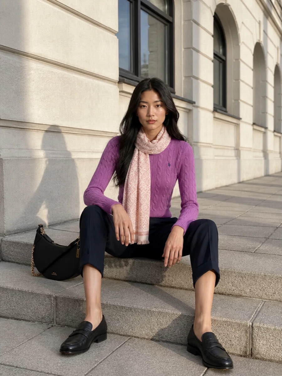 Polo ralph lauren pink sweater navy trousers outfit