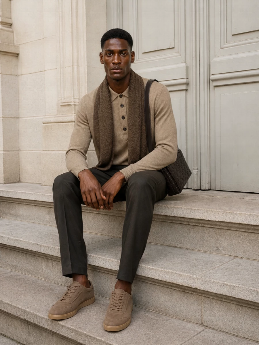 Zegna camel polo charcoal trousers taupe sneakers