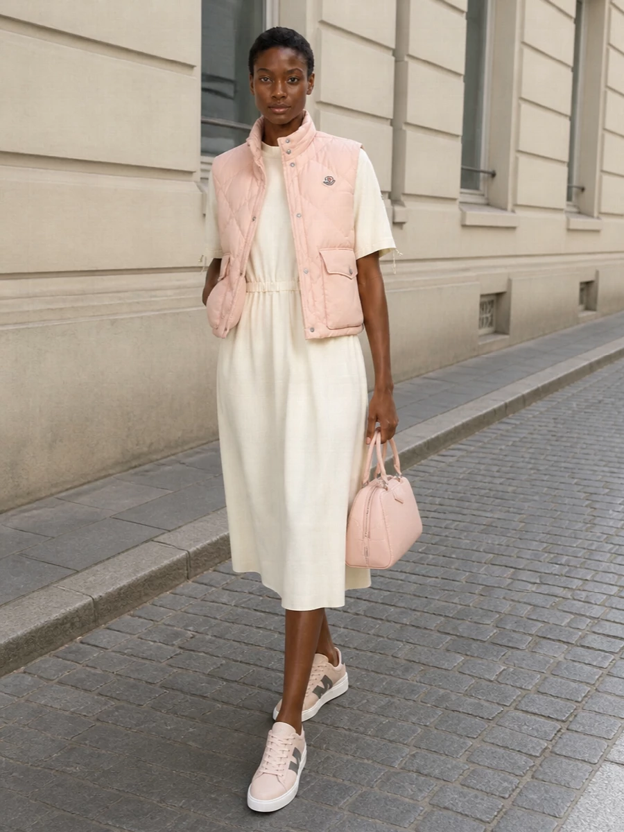 This look leans into Moncler’s polished sport DNA with a soft-ivory drawstring T-shirt midi dress under the blush quilted gilet, creating a light, tonal column that feels effortless and SS-appropriate. Blush-beige leather sneakers keep the mood clean and practical yet luxe, while the structured blush Givenchy top-handle sharpens the silhouette so the outfit reads as refined off-duty rather than pure athleisure. I chose the dress route over separate top and bottom to avoid over-layering and to let the vest remain the sculpted focal point against a simple, flowing base.