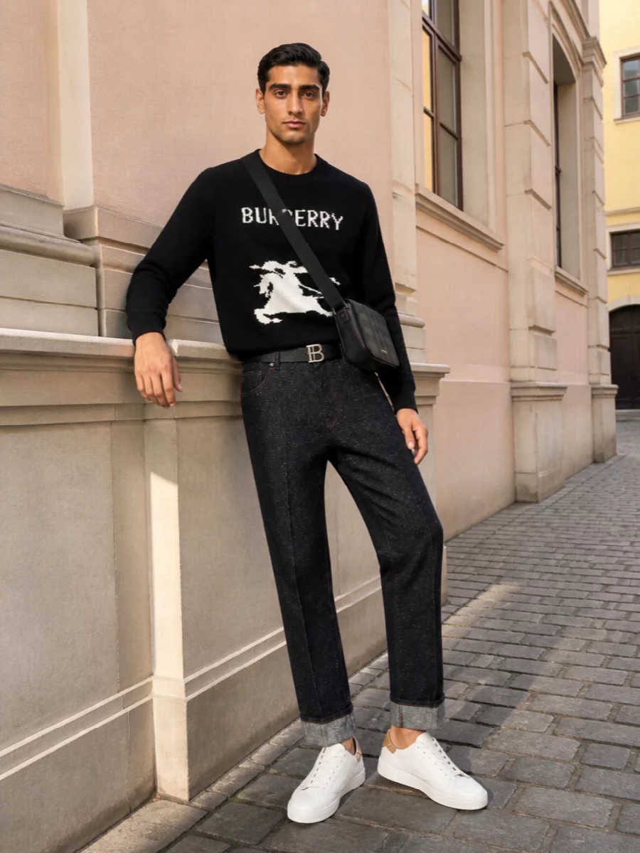 Burberry logo sweater dark cuffed trousers outfit