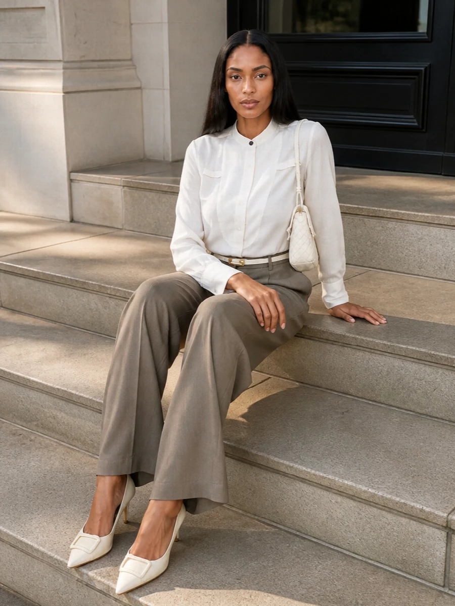 Soft ivory and taupe tailoring keep this outfit calm and precise, with the longline shirt skimming into a fluid wide-leg for a quietly confident silhouette. Cream slingbacks and an ivory woven shoulder bag stay within the same pale spectrum, while a slim white belt offers just enough definition at the waist. It is a refined warm-season take on modern suiting that moves easily from daytime appointments to discreet dinners.