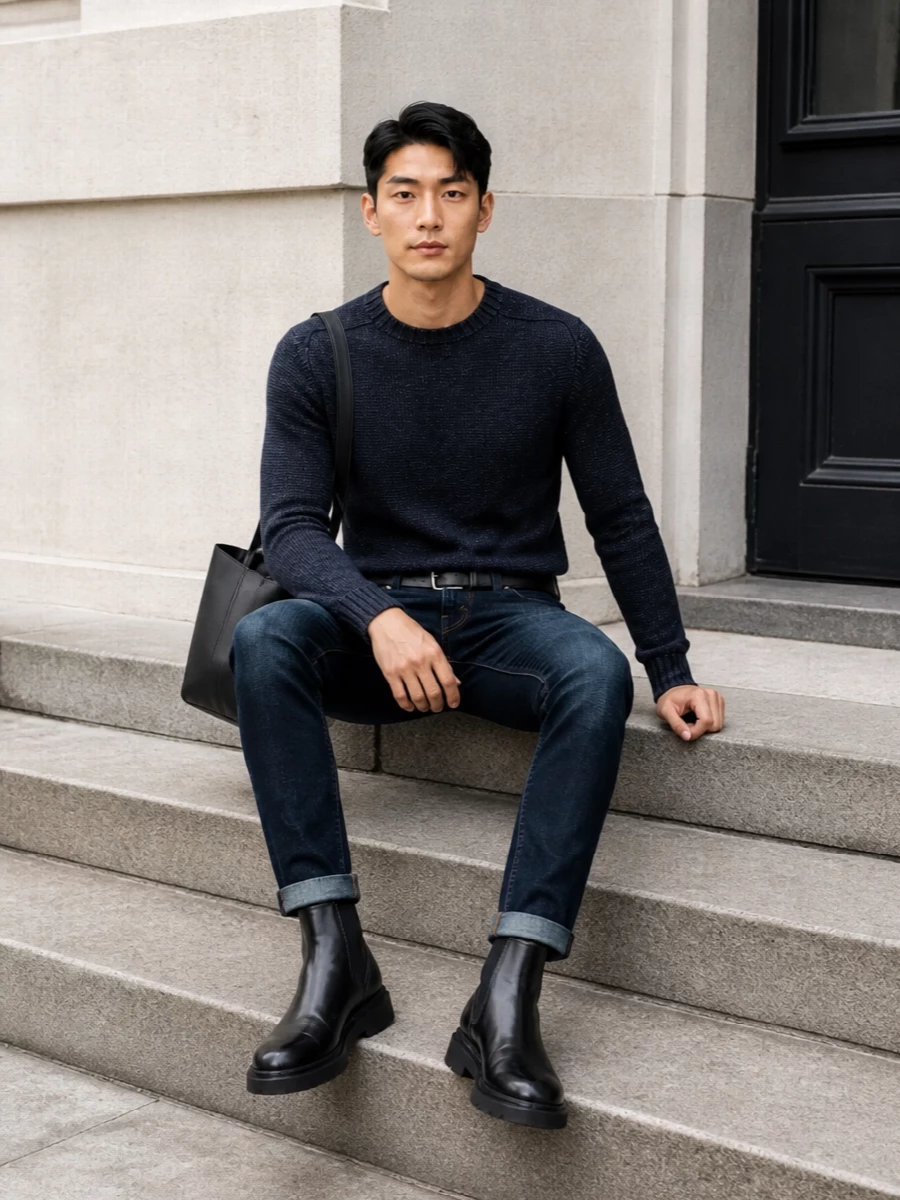 Dondup jeans navy sweater chelsea boots