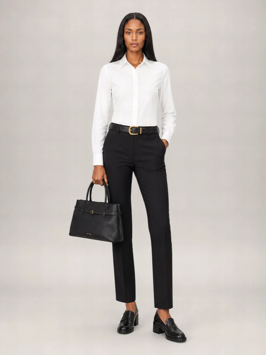 A crisp white shirt and tailored black trouser create a quietly assertive uniform, all clean lines and sharp contrast. A block-heel loafer and structured top-handle bag keep the mood composed and practical, while a slim black belt pulls the silhouette into one precise, modern column. It is the kind of polished city dressing that feels as right in a boardroom as it does at a late dinner reservation.