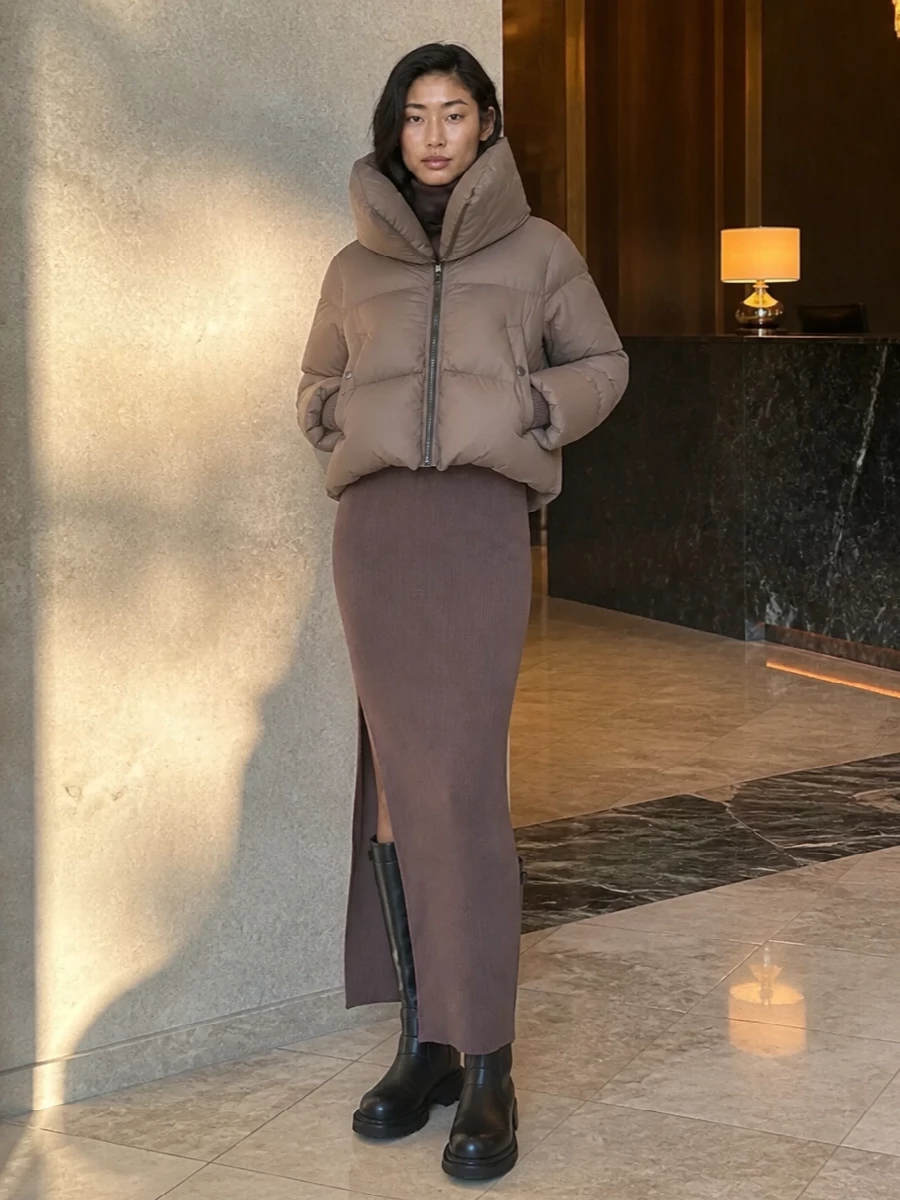 Rick owens taupe puffer ribbed maxi outfit