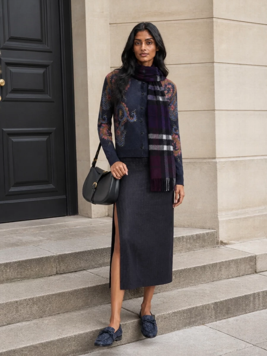 Etro paisley cardigan pinstripe midi skirt outfit