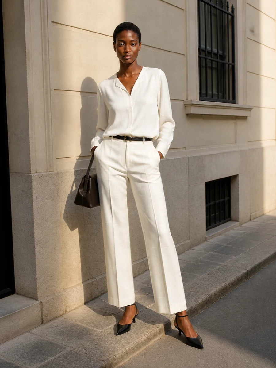 An all-ivory column in tailored trousers and a fluid V-neck blouse sets a calm, precise foundation. Black accents at the waist and on a sharp kitten-heel pump frame the softness with just enough definition, while a structured chocolate top-handle keeps the mood refined for full working days and after-hours plans.