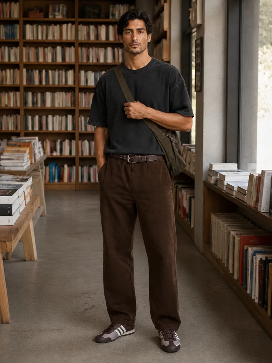 Entire studios brown pants washed black tee outfit